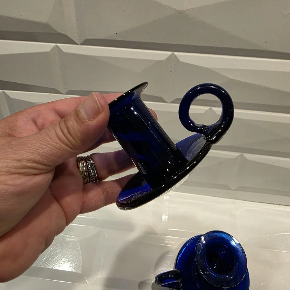 Vintage Hand Blown Cobalt Blue Art‎ Glass Finger Loop Handle Candlestick Holder